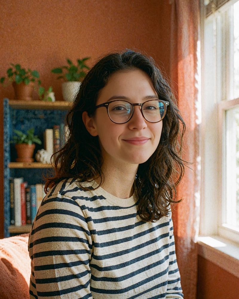 Woman with tortoiseshell glasses and a striped tee smiling by a bookshelf, preview of a friendly online dating profile