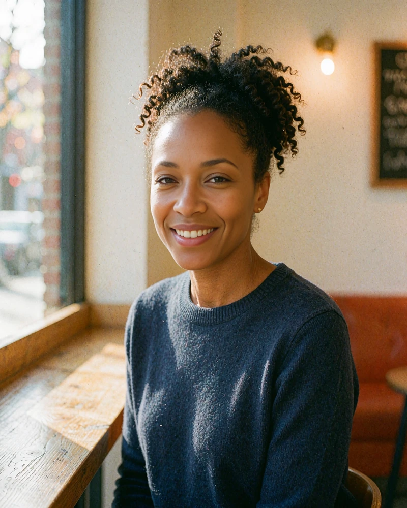 Smiling woman in a navy sweater at a cafe window counter, illustration of a genuine-looking online dating profile photo