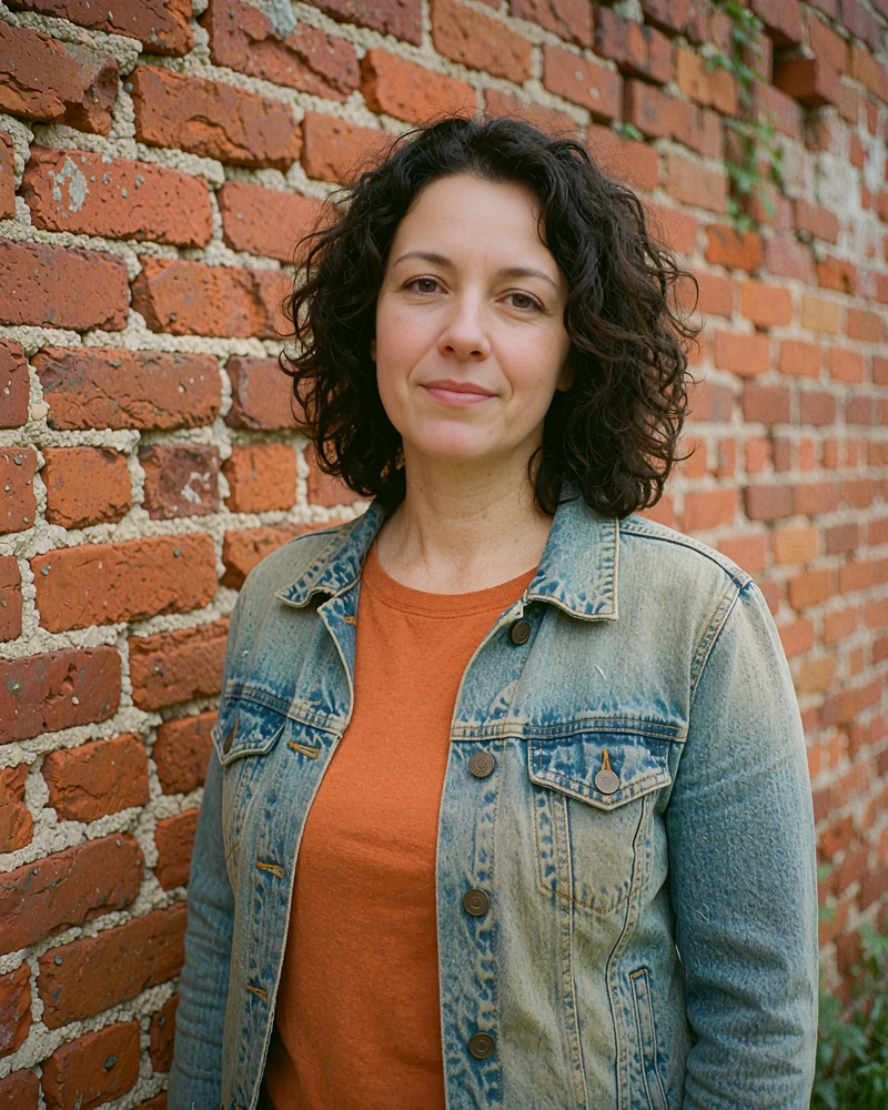 Woman in a faded denim jacket by a red brick wall with a calm smile, example of a casual dating profile picture