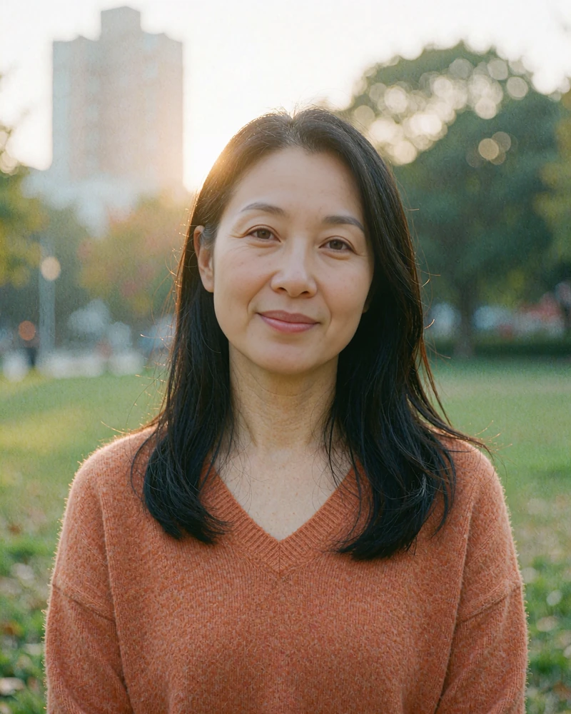 Woman in a rust knit sweater smiling softly in a park at golden hour, sample card from an online dating review