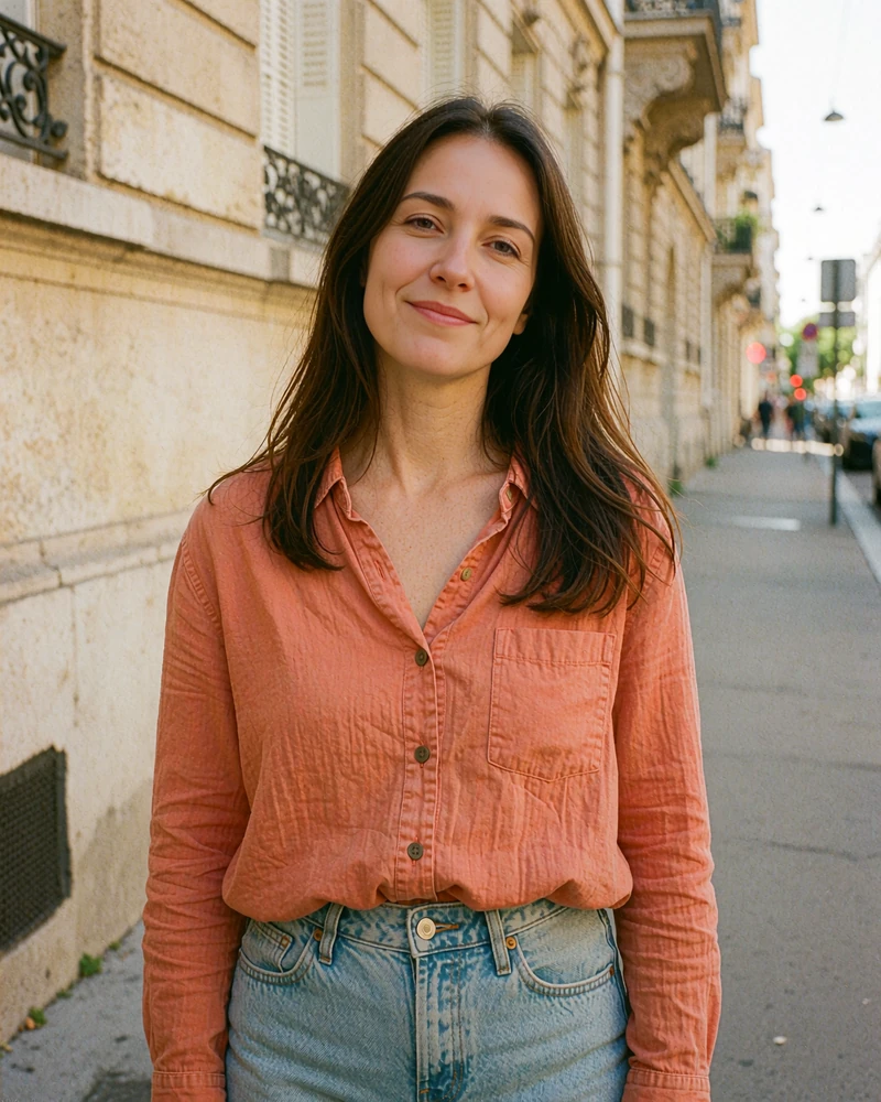 Long-haired woman in a coral button-up shirt on a city sidewalk, preview of a profile you might browse online