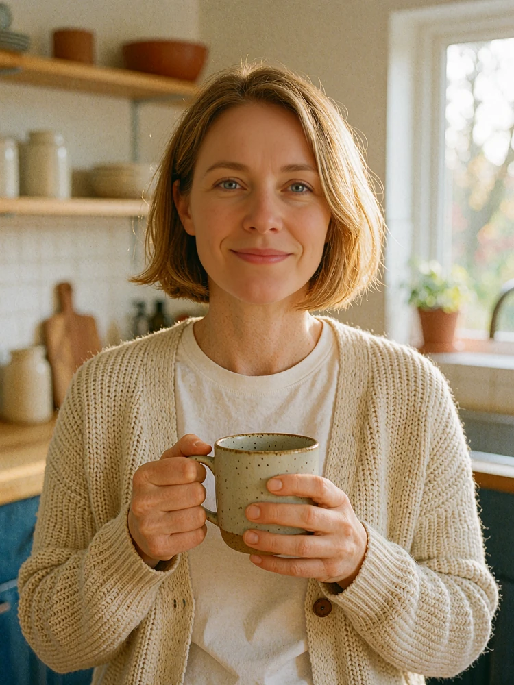 Woman with a honey-blonde bob holding a coffee mug in a sunny kitchen, swipe card from our Dialogmia preview