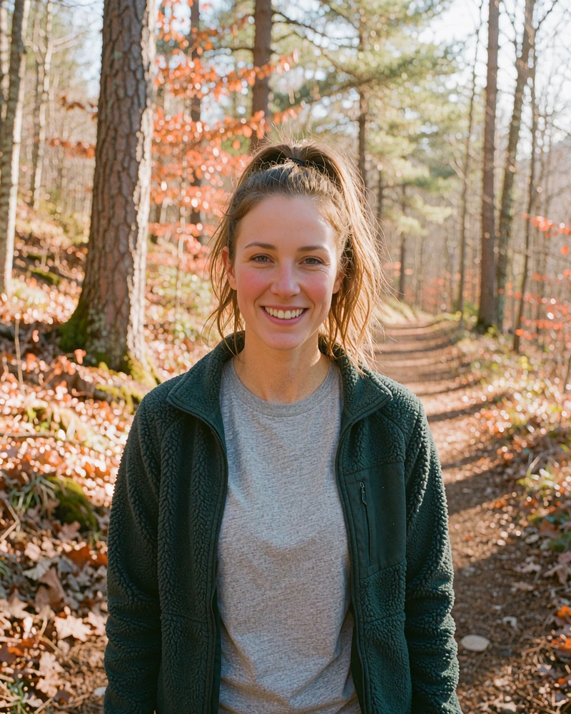 Grinning woman in a green fleece with a high ponytail on a forest trail, example of an outdoorsy dating profile picture