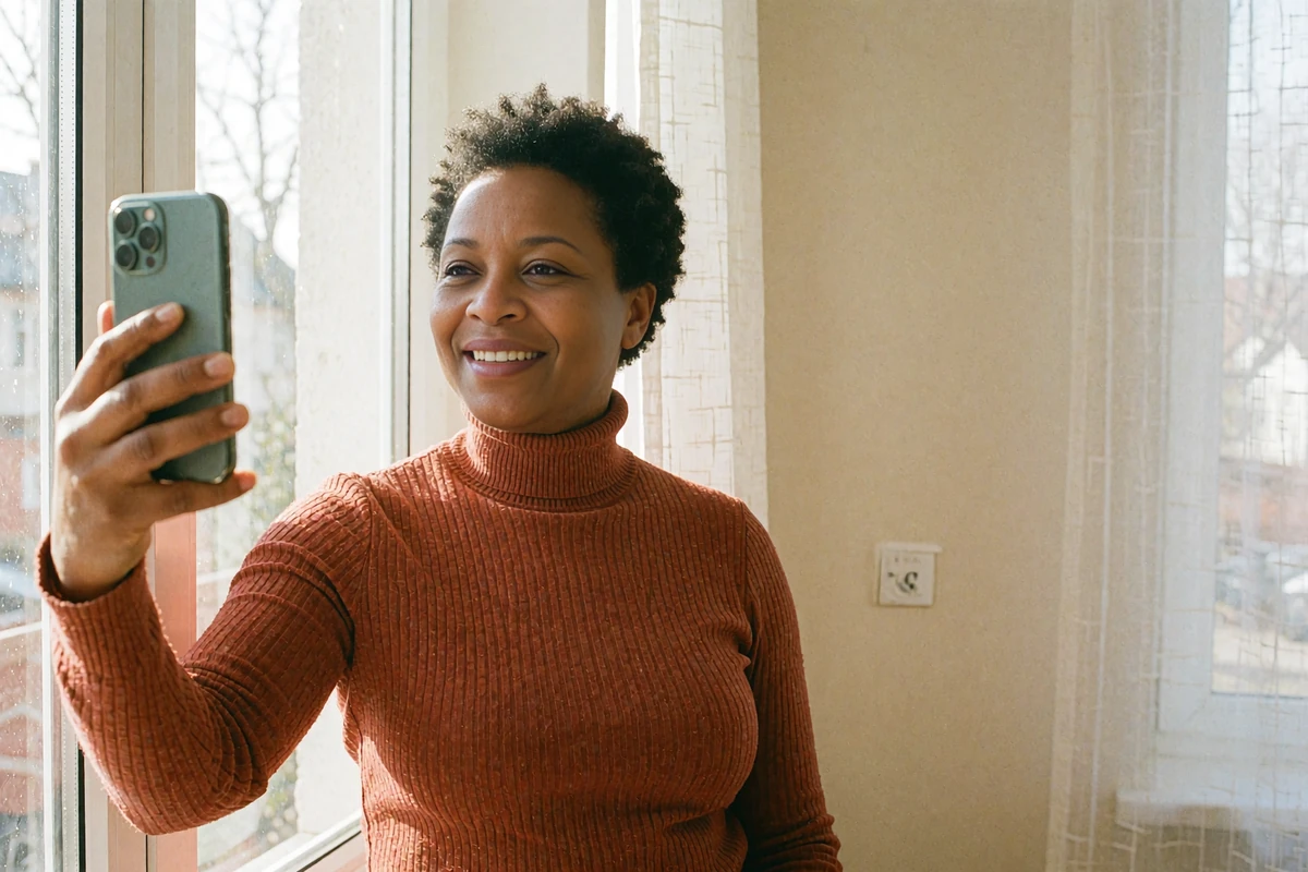 Woman in a rust turtleneck taking a selfie by a bright window, showing natural light for a Dialogmia profile photo