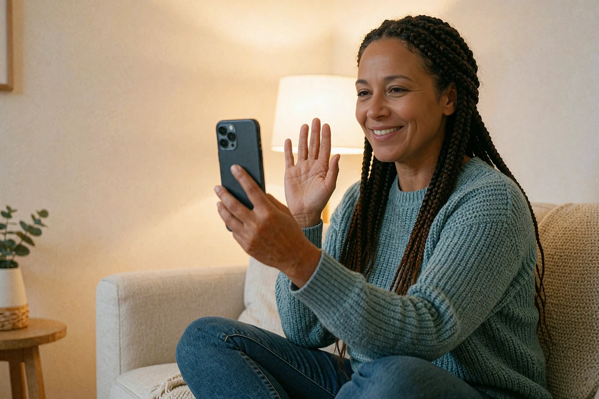 Woman with long braids waving at her phone on a video call from a cream sofa, a safe way to verify a Dialogmia match
