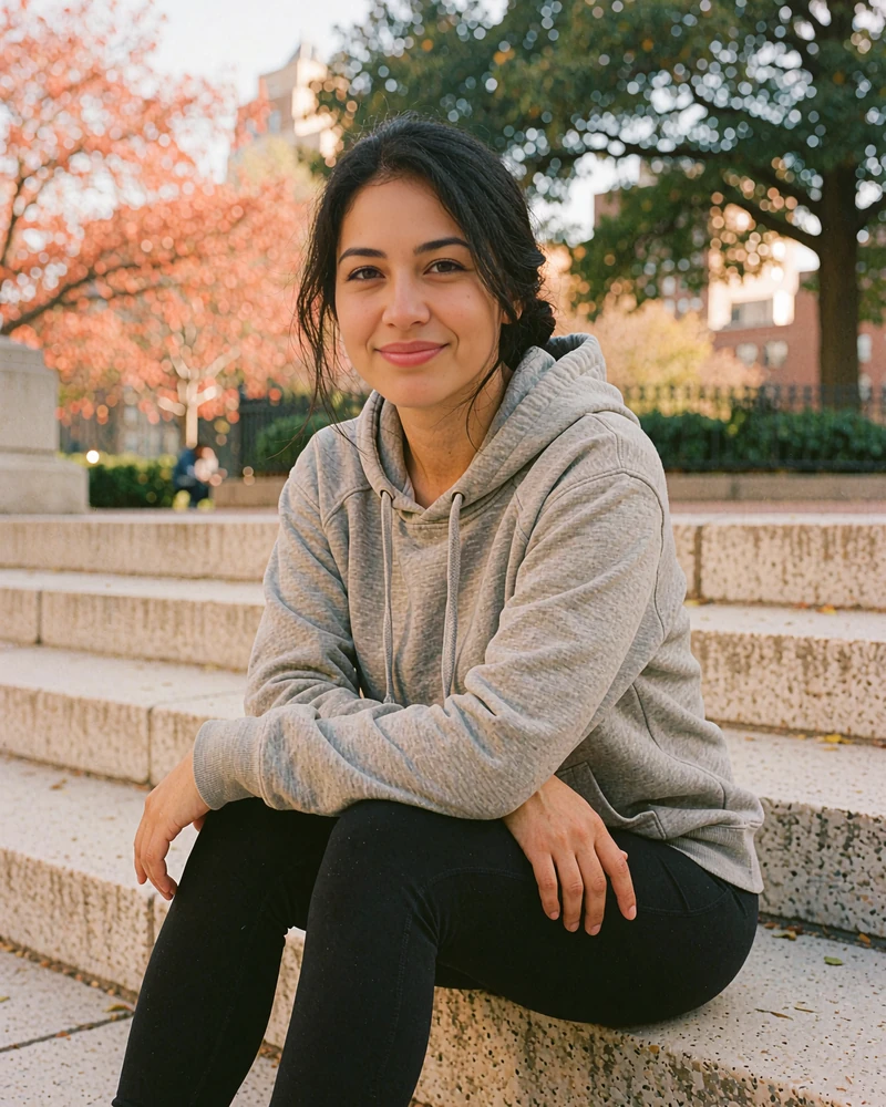 Woman with a low bun in a gray hoodie sitting on park steps, a relaxed example of an everyday dating profile picture