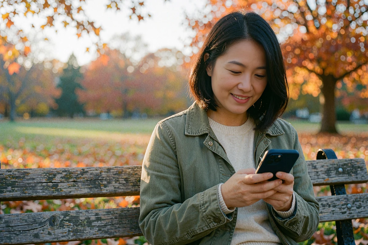 Woman in an olive jacket smiling at her phone on a park bench, texting a first message on a dating site like Dialogmia