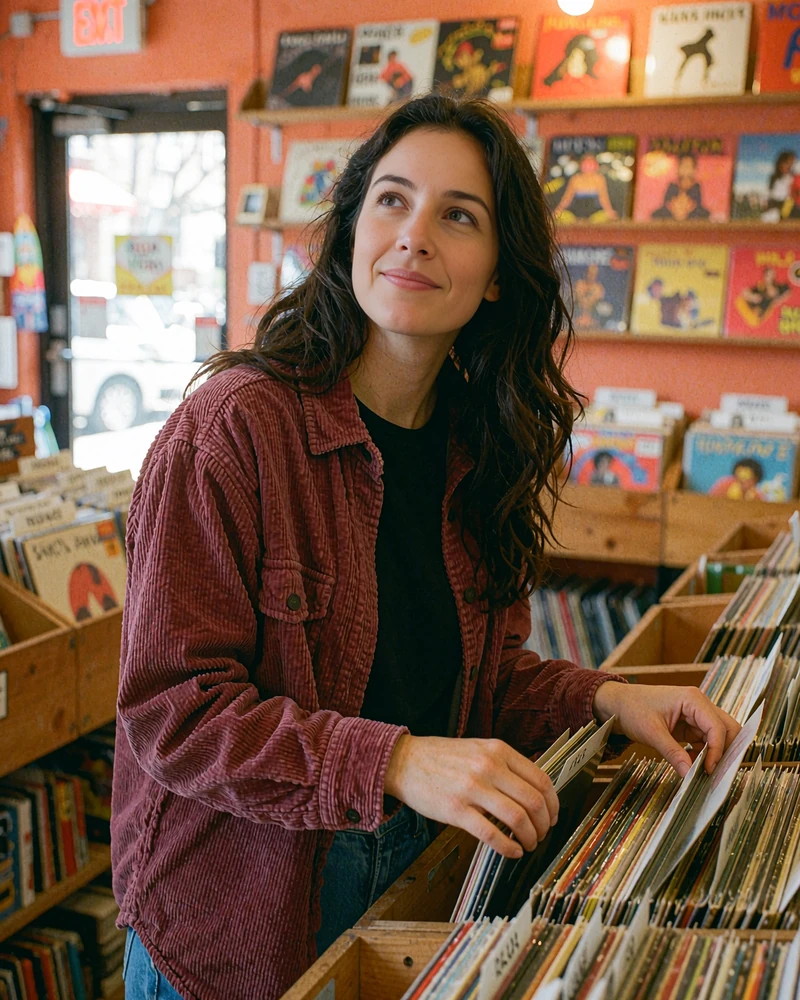 Woman in a burgundy corduroy overshirt browsing crates in a record shop, example of a friendly online dating profile photo