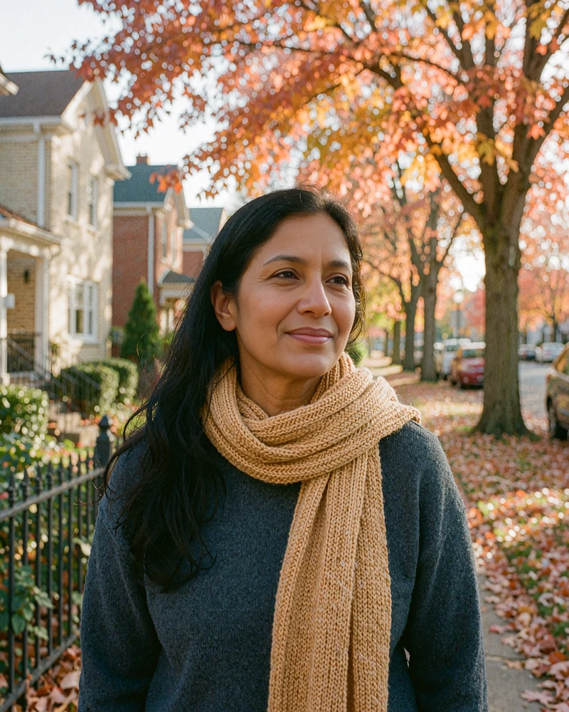 Dark-haired woman in a charcoal sweater and mustard scarf on an autumn sidewalk, sample card for a dating cost guide