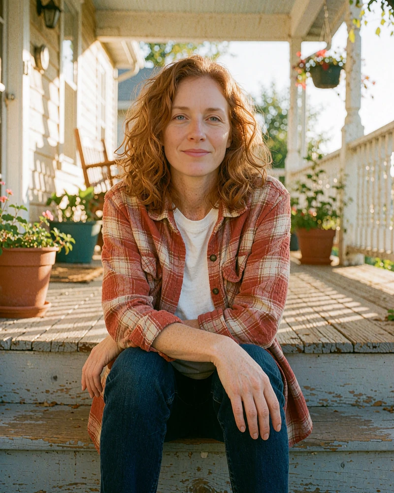 Copper-haired woman in a plaid flannel shirt sitting on a sunny porch step, example photo for a Dialogmia scam or real review